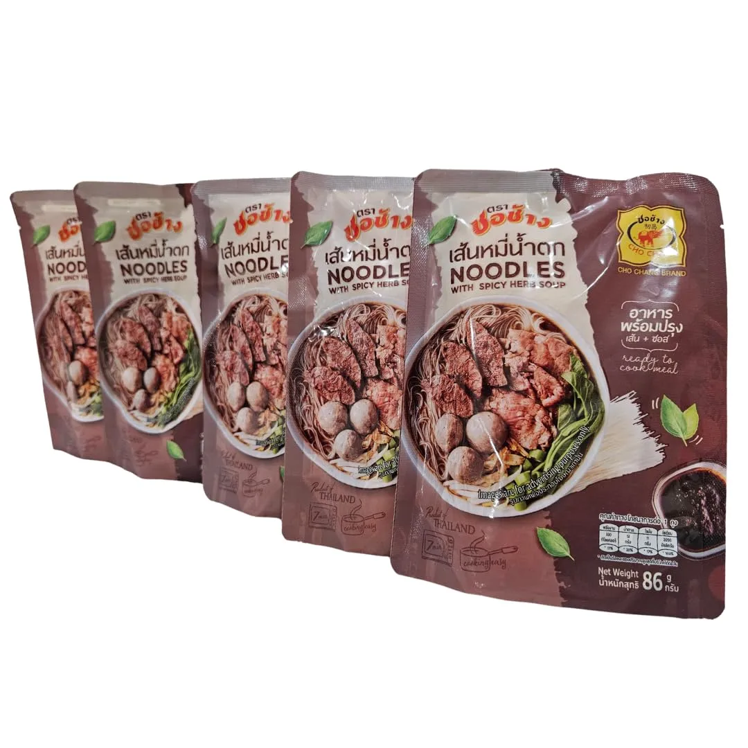 Cho Chang Brand - Thai Boat Noodles - Ready To Cook Instant Spicy Noodles (Pack of 5 Individual Packets)