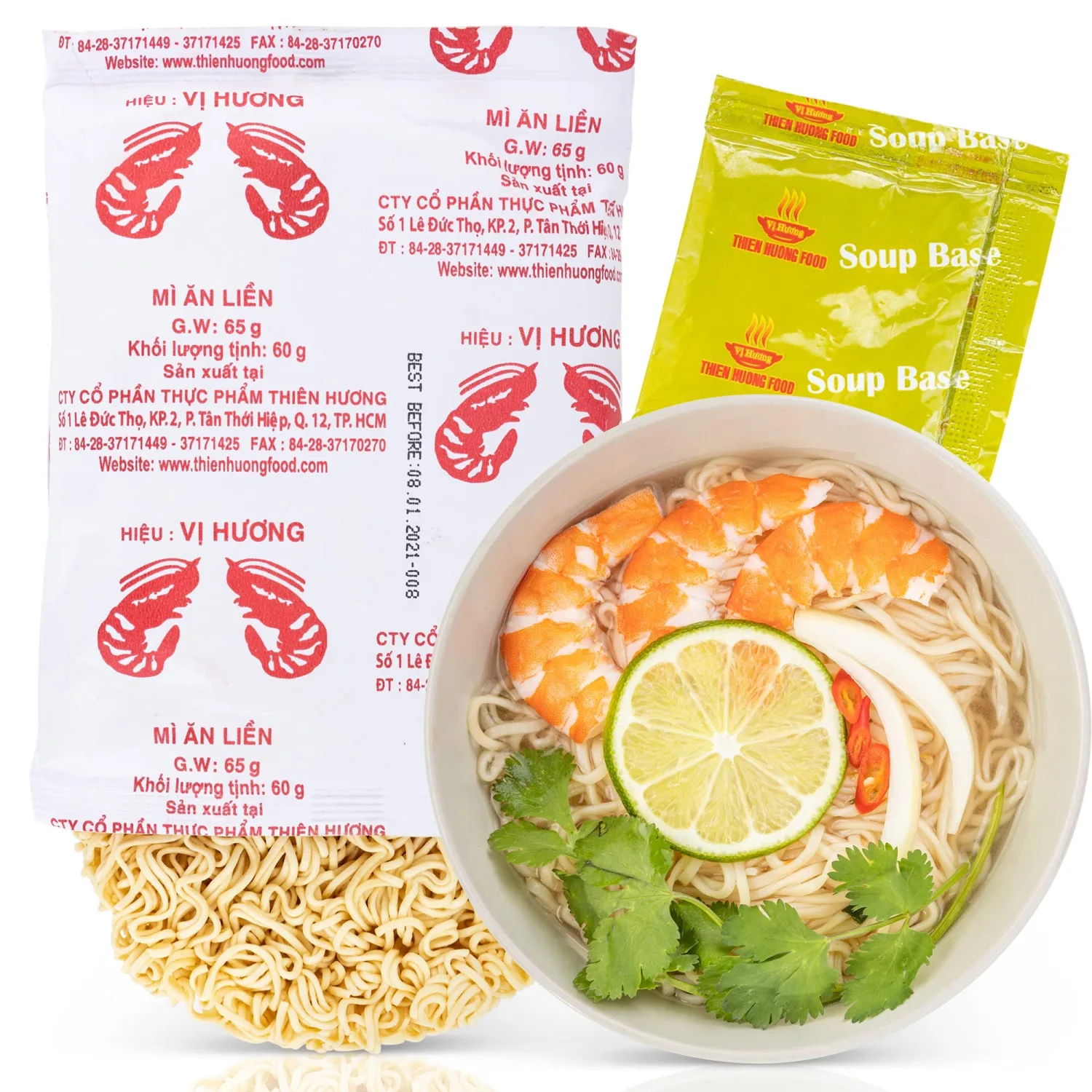 VI HUONG Instant Noodles – Authentic Vietnamese Instant Ramen Soup – Shrimp, Chicken or Pork Flavorful Instant Noodles – 3-min Fast Ramen – Natural Ingredients – Pack of 10 (Shrimp)