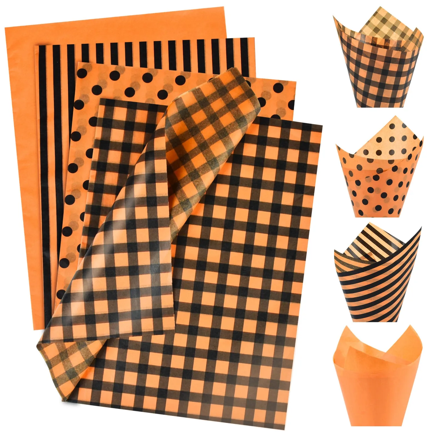 BEISHIDA 90 Sheets Fall Tissue Paper Bulk, 4 Pattern Orange Plaids Dot Stripe Wrapping Tissue Paper for Gift Bags, 14 x 20 Inch for Halloween Fall Bitherday Thanksgiving DIY Crafts Holiday Flowers