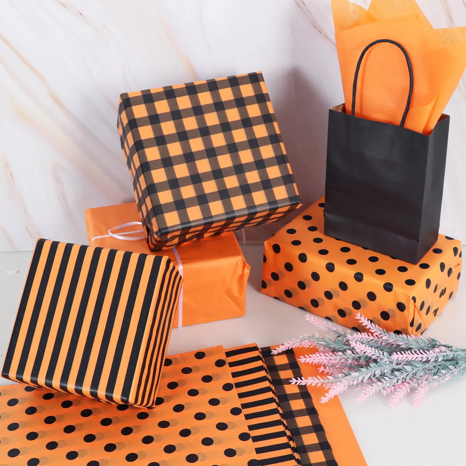 BEISHIDA 90 Sheets Fall Tissue Paper Bulk, 4 Pattern Orange Plaids Dot Stripe Wrapping Tissue Paper for Gift Bags, 14 x 20 Inch for Halloween Fall Bitherday Thanksgiving DIY Crafts Holiday Flowers
