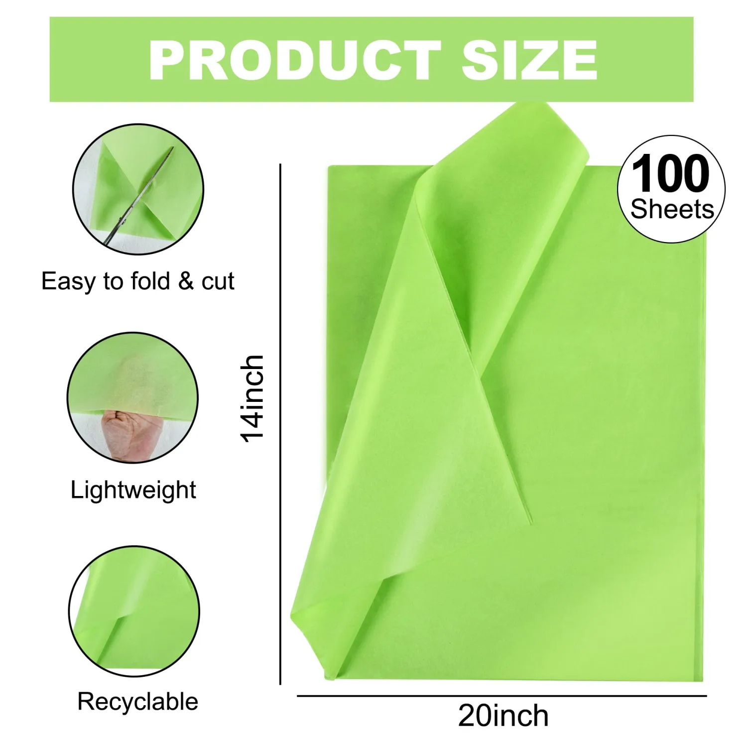 BEISHIDA 100 Sheets Lime Green Tissue Paper Bulk, Wrapping Tissue Paper for Gift Bags, 14 x 20 Inch Gift Wrap for Birthday Wedding Graduation DIY Crafts Holiday Flowers