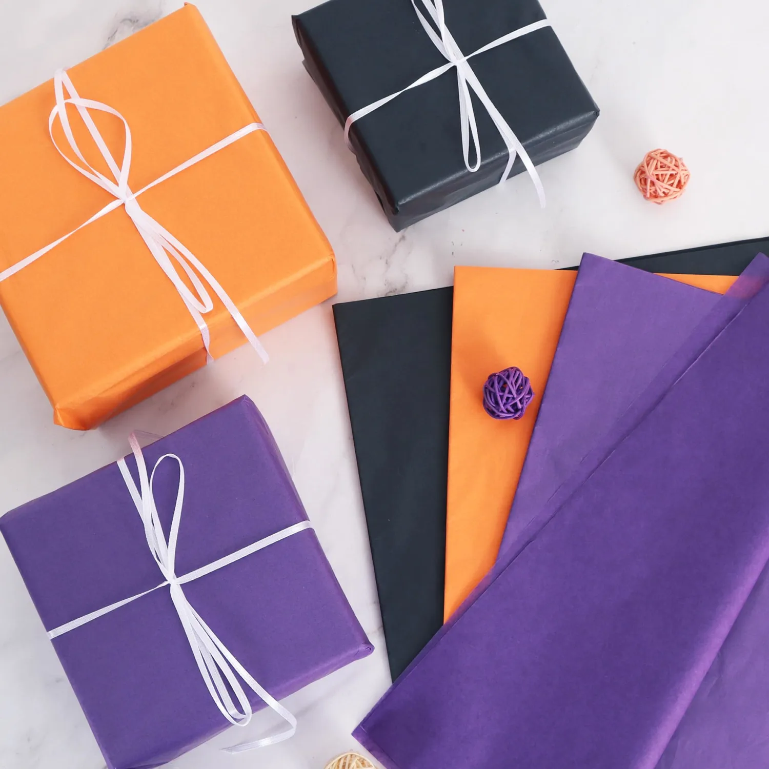 BEISHIDA 90 Sheets Halloween Tissue Paper Bulk, Black Orange Purple Wrapping Tissue Paper for Gift Bags, 14 x 20 Inch Gift Wrap for Halloween DIY Crafts Decor Holiday Flowers