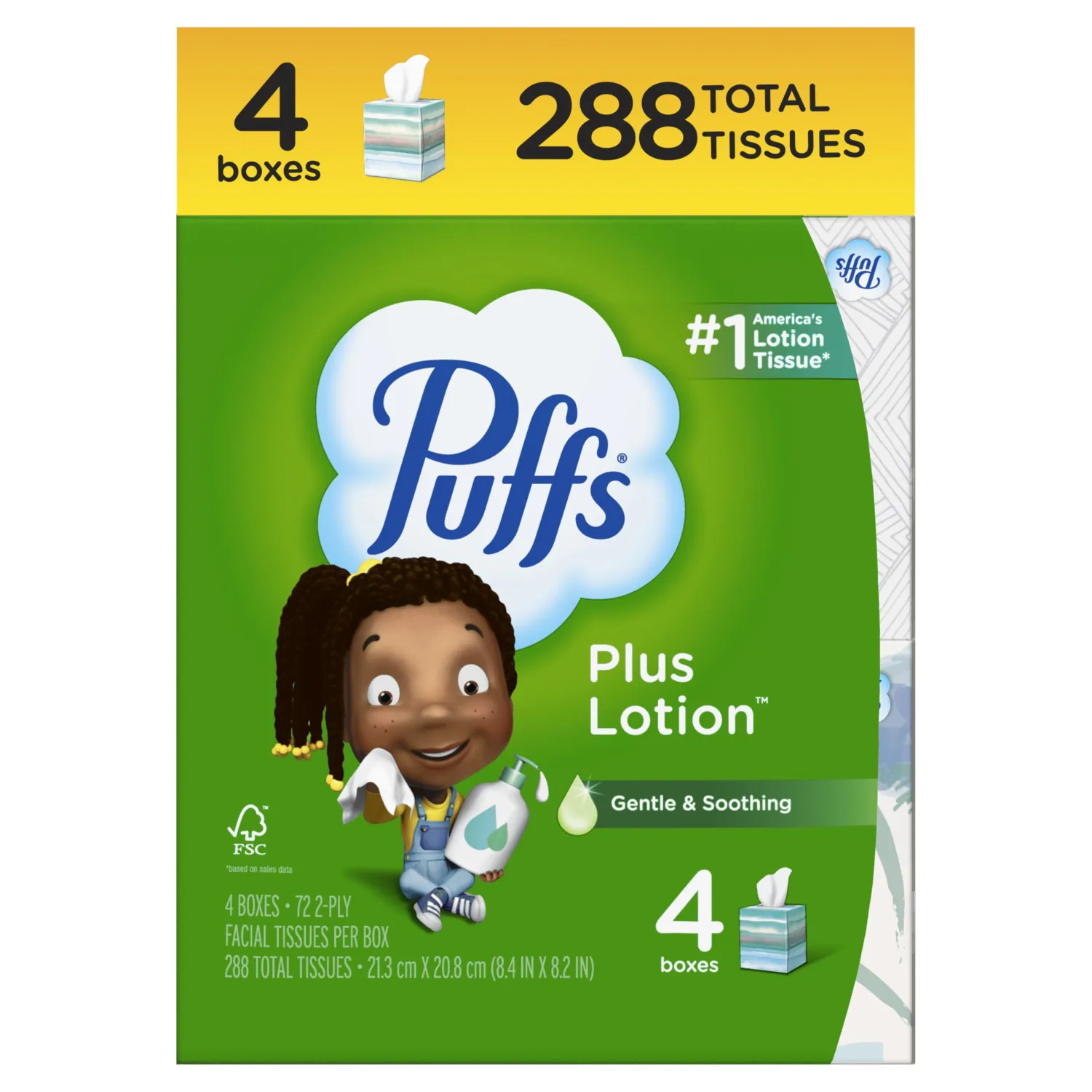 Puffs Plus Lotion Facial Tissue, 4 Mega Cube Boxes, 72 Tissues Per Box
