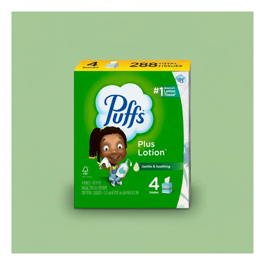 Puffs Plus Lotion Facial Tissue, 4 Mega Cube Boxes, 72 Tissues Per Box