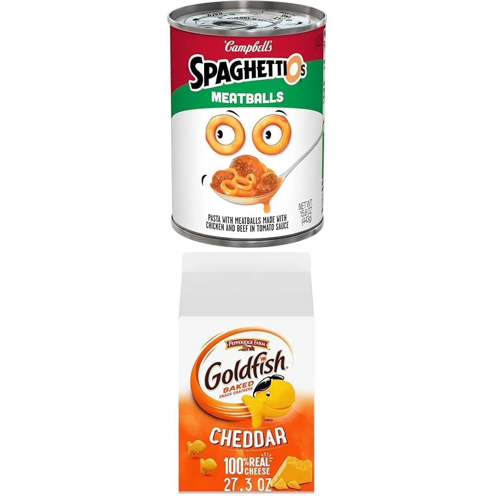 Goldfish Cheddar Cheese Crackers, 27.3 Oz Carton, and SpaghettiOs Canned Pasta with Meatballs, 15.6 Oz Can