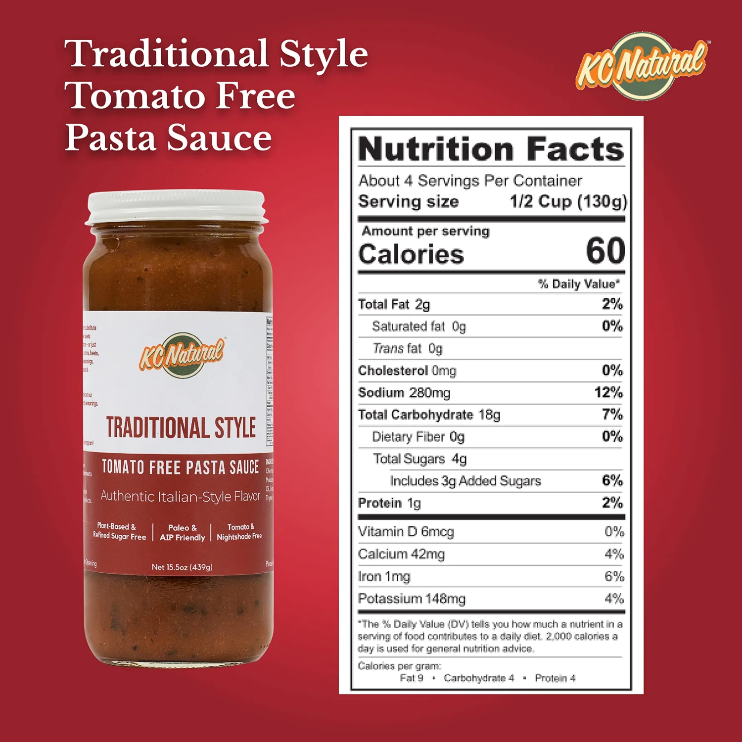 KC Natural | Traditional Style Tomato Free Pasta Sauce | 280mg Sodium (1-pack, 1.00)
