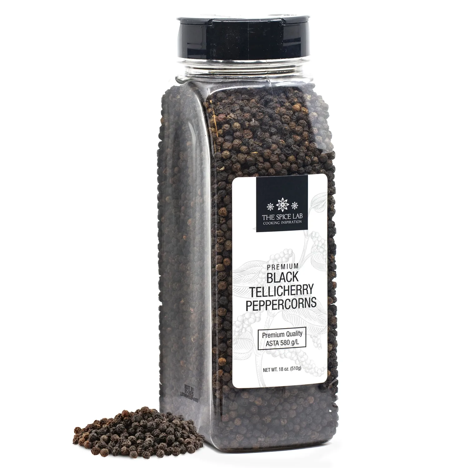 The Spice Lab - Black Tellicherry Peppercorns for Grinder Packed in the USA - Steam Sterilized Kosher Non-GMO All Natural Black Pepper 5015 (18 Ounce Tub)