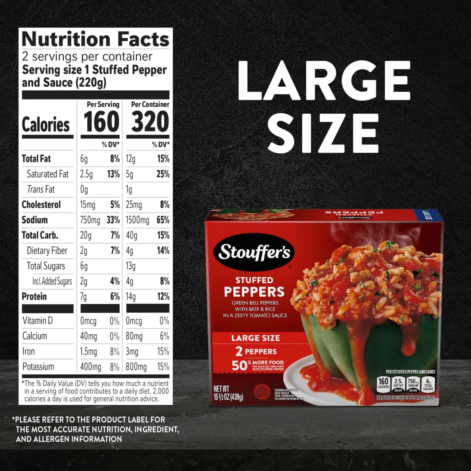 Stouffer’s Stuffed Peppers, Large Size, Frozen Stuffed Peppers, Easy Meals, Oven or Microwave Dinners, Single Frozen Meals