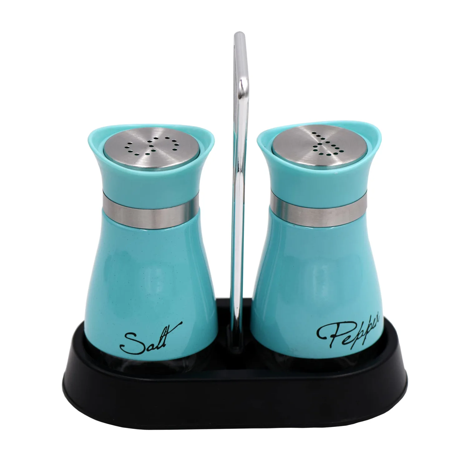 2 PCS - Stainless Steel and Glass Salt and Pepper Shaker Sets with Holder (BLUE)