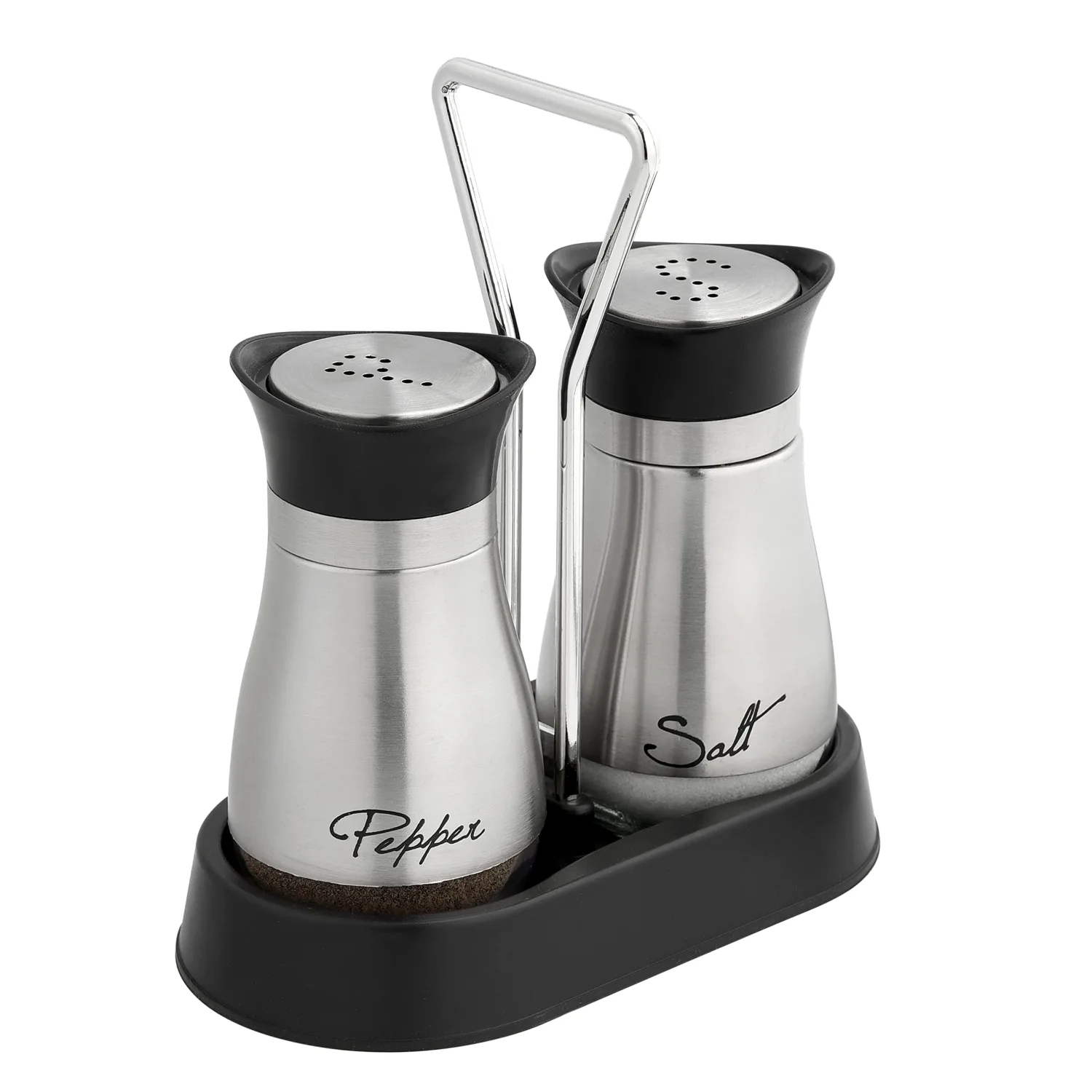 Stainless Steel and Glass Salt and Pepper Shaker Sets with Holder (SLIVER)