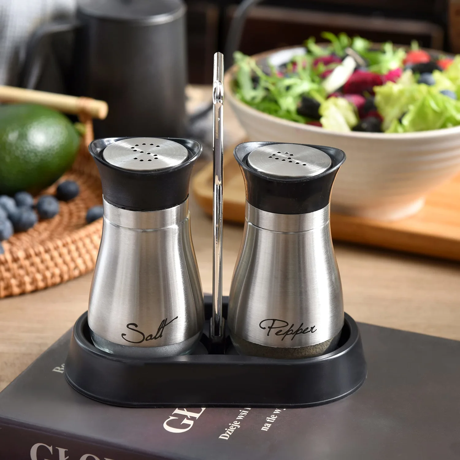 Stainless Steel and Glass Salt and Pepper Shaker Sets with Holder (SLIVER)
