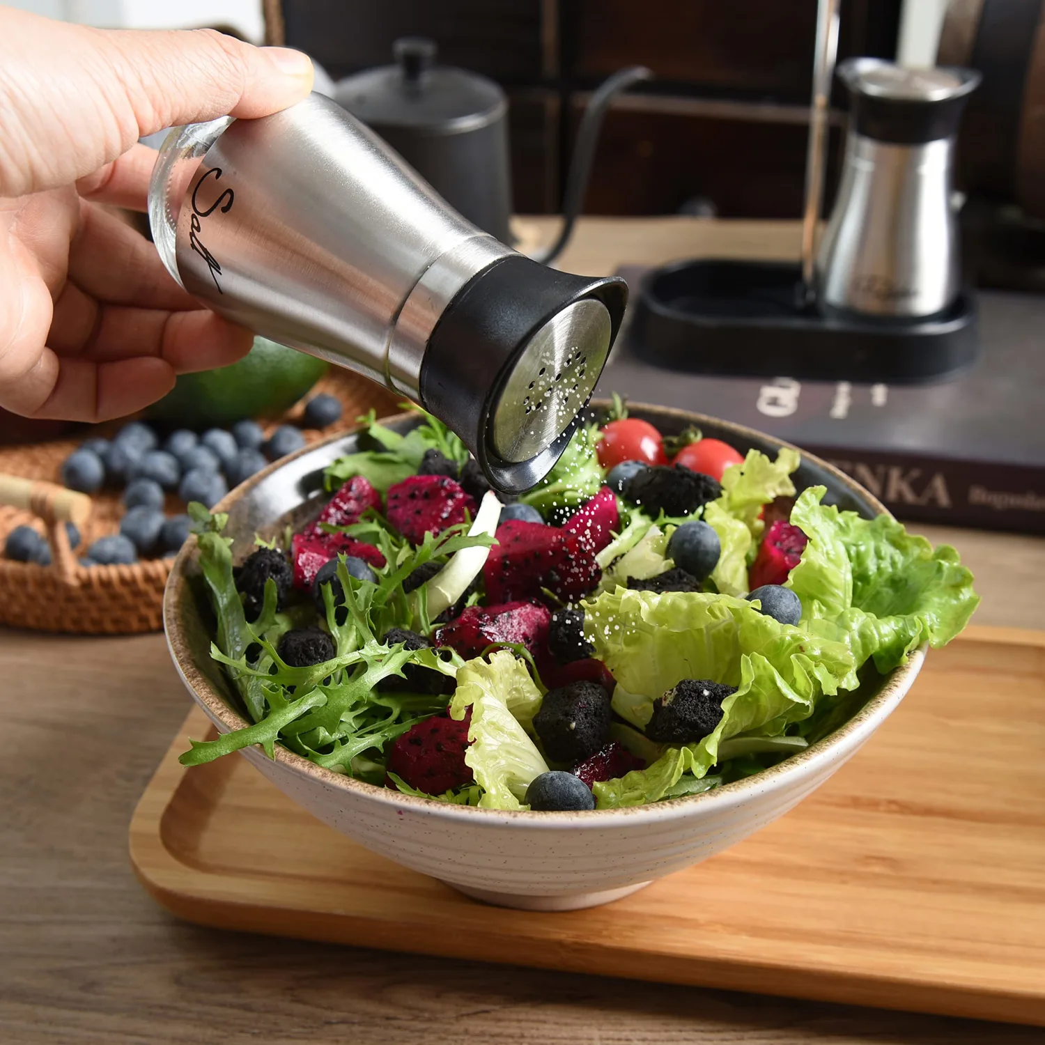Stainless Steel and Glass Salt and Pepper Shaker Sets with Holder (SLIVER)