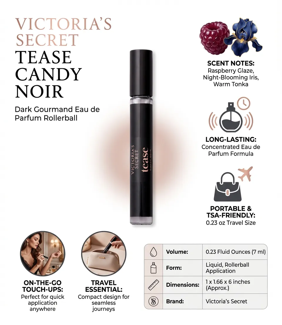 Victoria's Secret Tease Candy Noir Eau de Parfum Rollerball, Notes of Raspberry Glaze, Night-Blooming Iris & Warm Tonka, Travel Size Mini Perfumes for Women (0.23 oz)