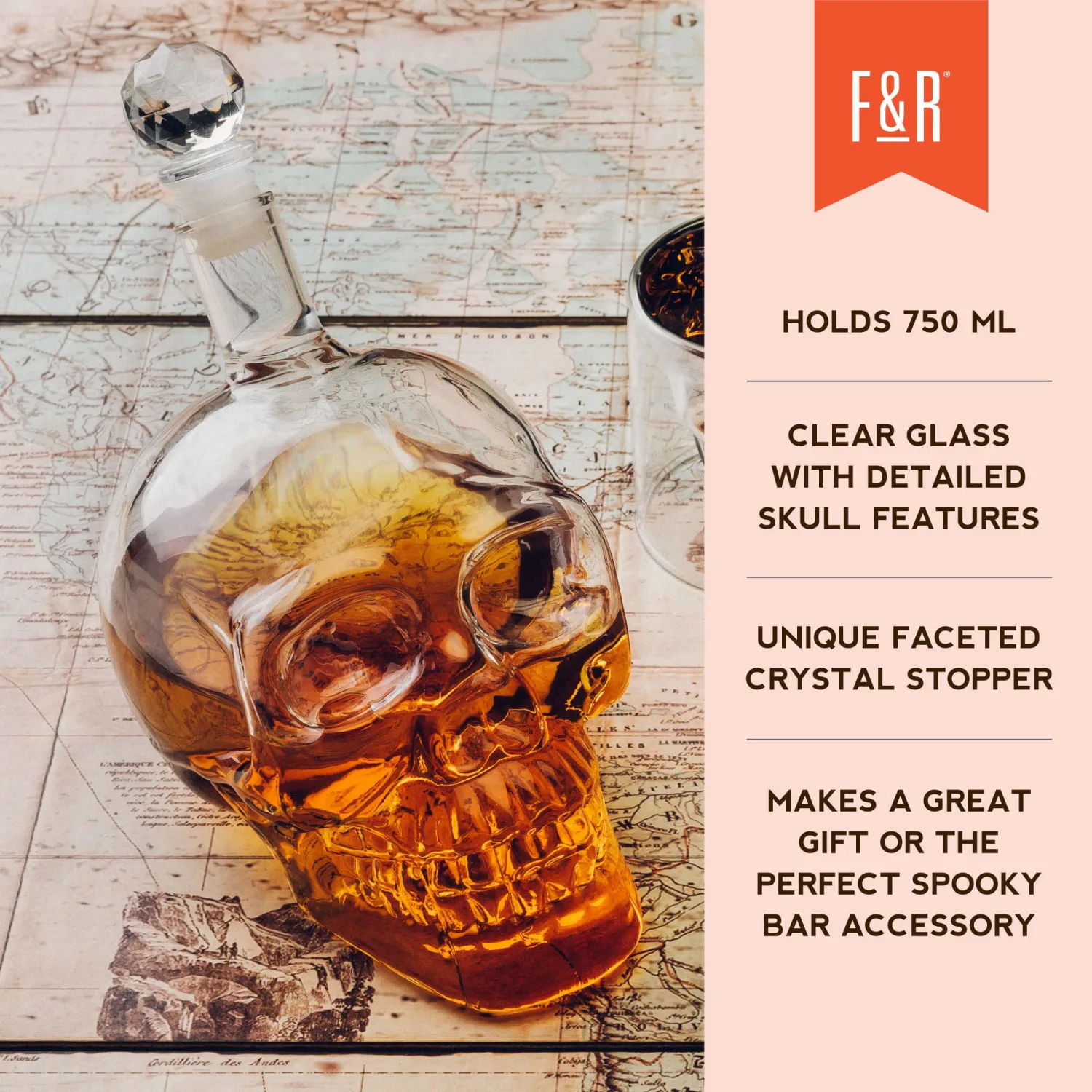 Foster & Rye Skull Liquor Decanter with Stopper for Whiskey, Bourbon, Scotch, Old Fashioned, Home Bar Accessories, Barware, Glassware, 25 oz, Set of 1