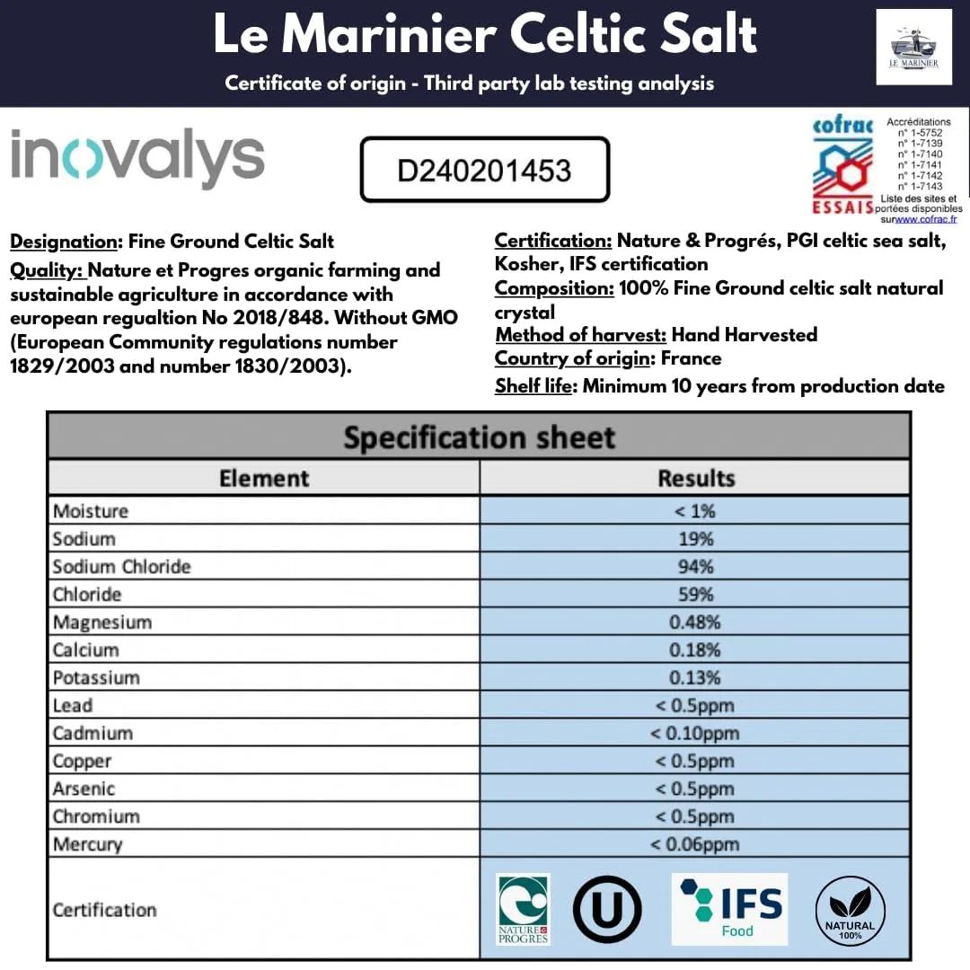 Le Marinier French Sea Salt Fine Ground, 1.1lb - 18oz. Mineral Rich. 100% Natural and Unrefined. Sea Salt Organic Vital Minerals Fine. Hand Harvested Mineral Salt (1.1lb Fine Ground)