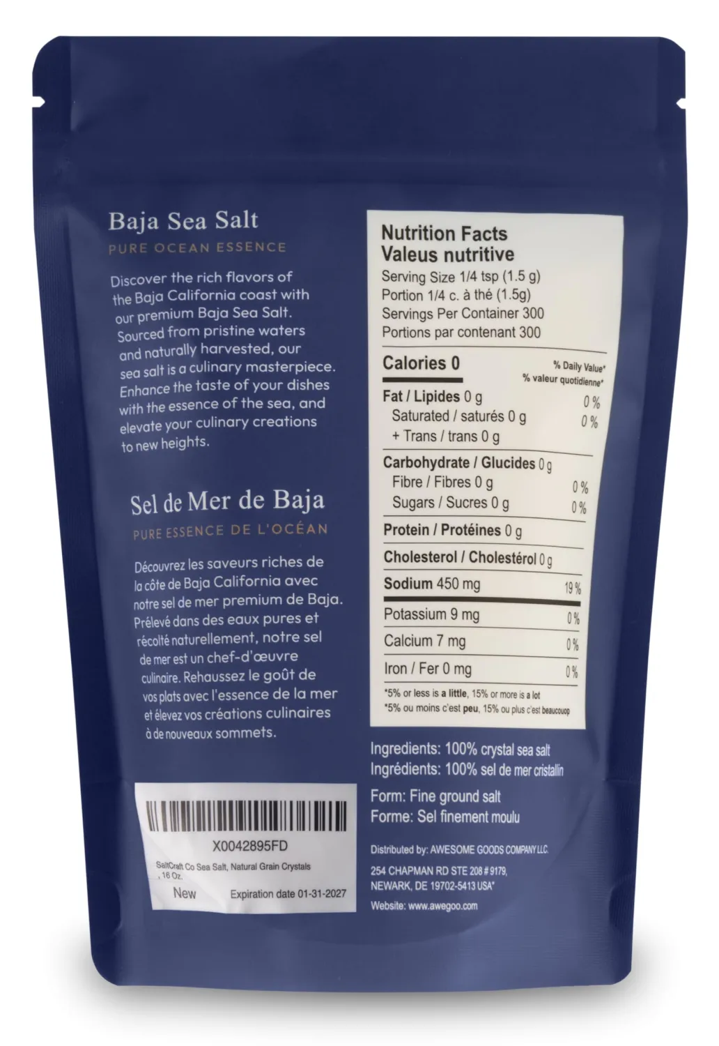 SALTCRAFT COMPANY - Baja Sea Salt, Natural Grain Crystals, Low Sodium 30%, Kosher Certified & Mineral Salt, No Additives - 16 Ounce