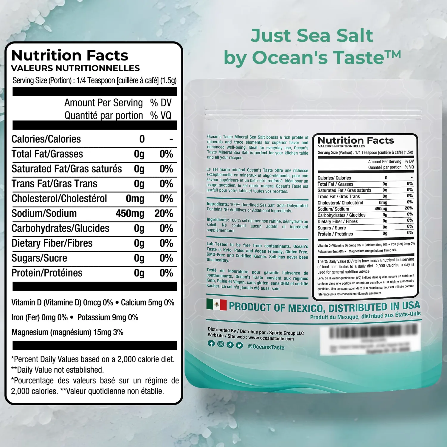 Ocean's Taste Baja Gold Sea Salt, 1LB Baja Gold Mineral Sea Salt, Coarse Natural Grain, 4X More Minerals than Celtic Salt, 30% Less Sodium, Mineral Salt Ideal for Electrolytes Balance, Cooking & Baking | Kosher, Organic, Paleo
