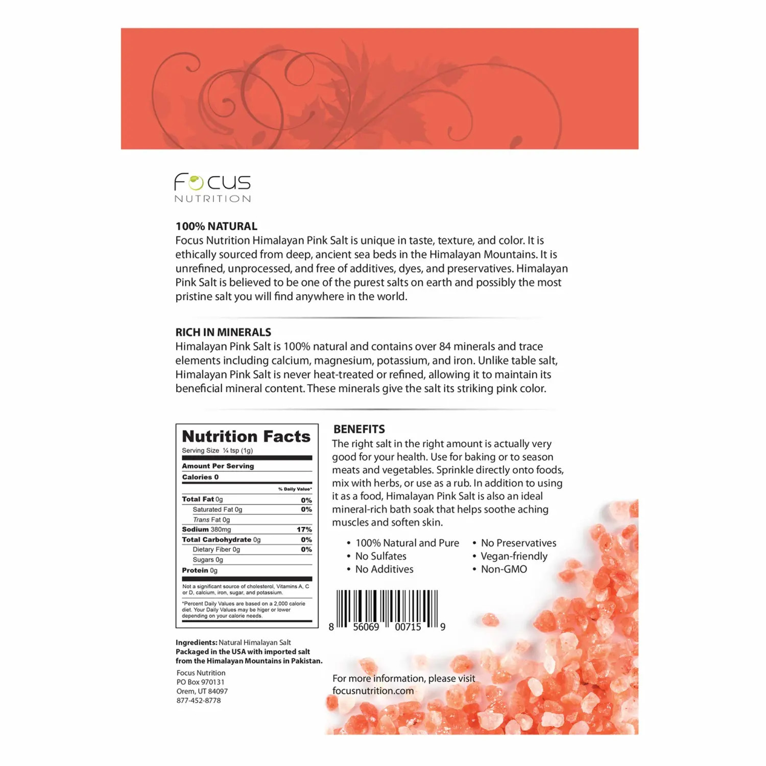 Focus Nutrition Himalayan Pink Salt -Coarse Grain 2 lb Bag