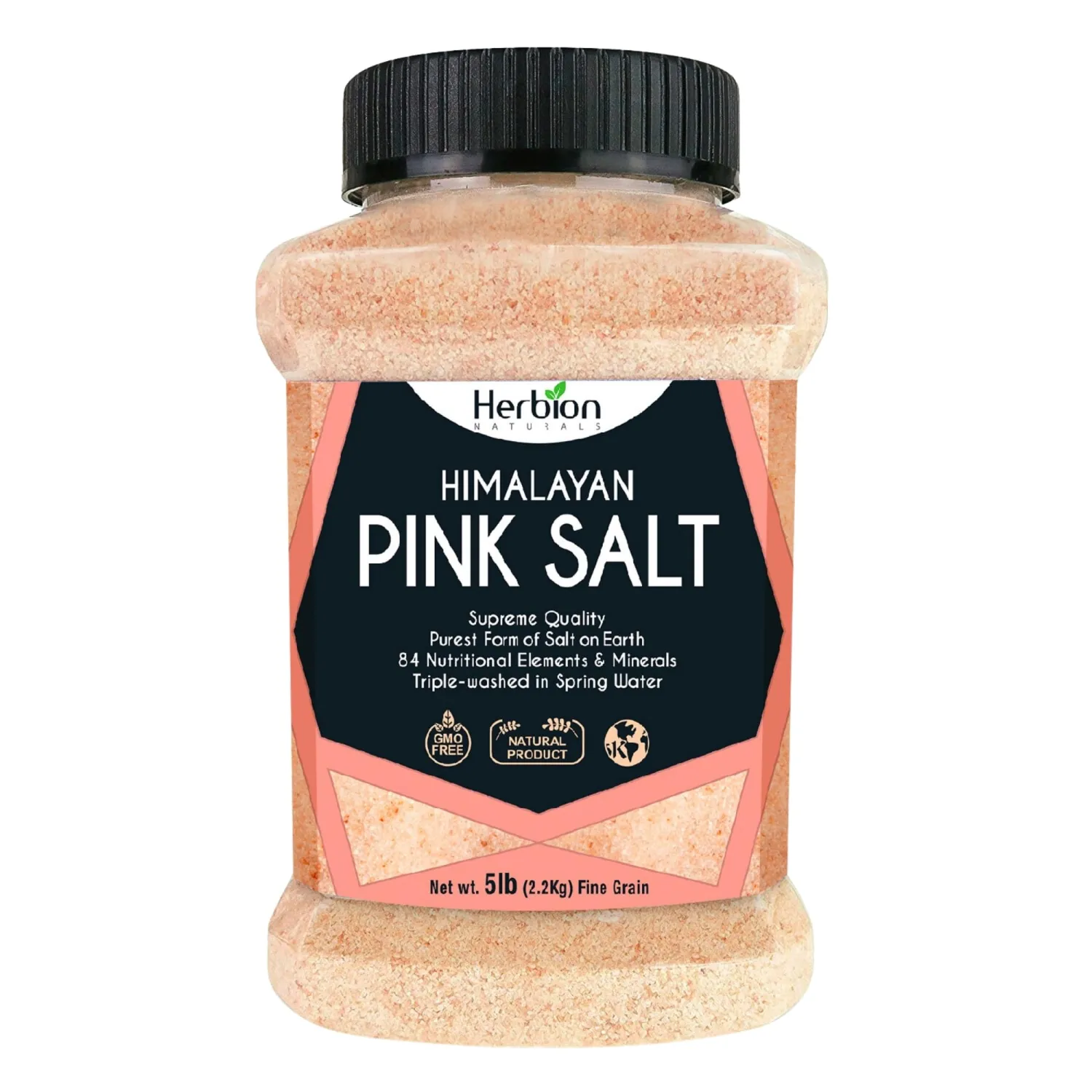 HERBION Naturals Himalayan Pink Salt Jar Fine Grain, GMO Free, Supreme Quality Chemical Free, Vegan, Kosher Certified, Fine Grain All-Natural Salt, Triple-Washed in Spring Water, 5 lbs
