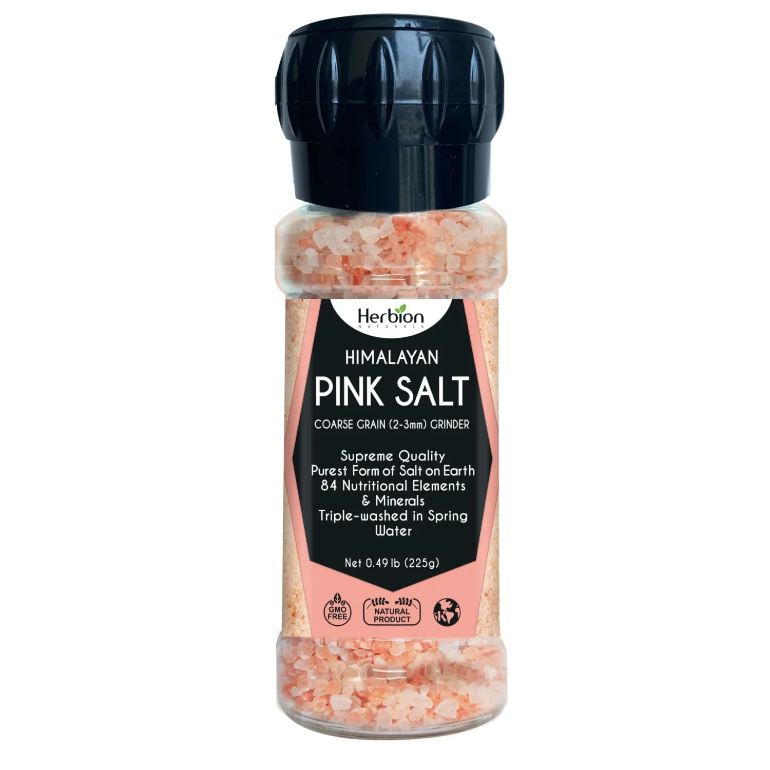 Herbion Naturals Himalayan Pink Salt Grinder Coarse Grain, 100% Pure with 84 Minerals for Seasoning, Refillable, Organic, All-Natural Salt, Triple-Washed in Spring Water, Vegan, Kosher Certified