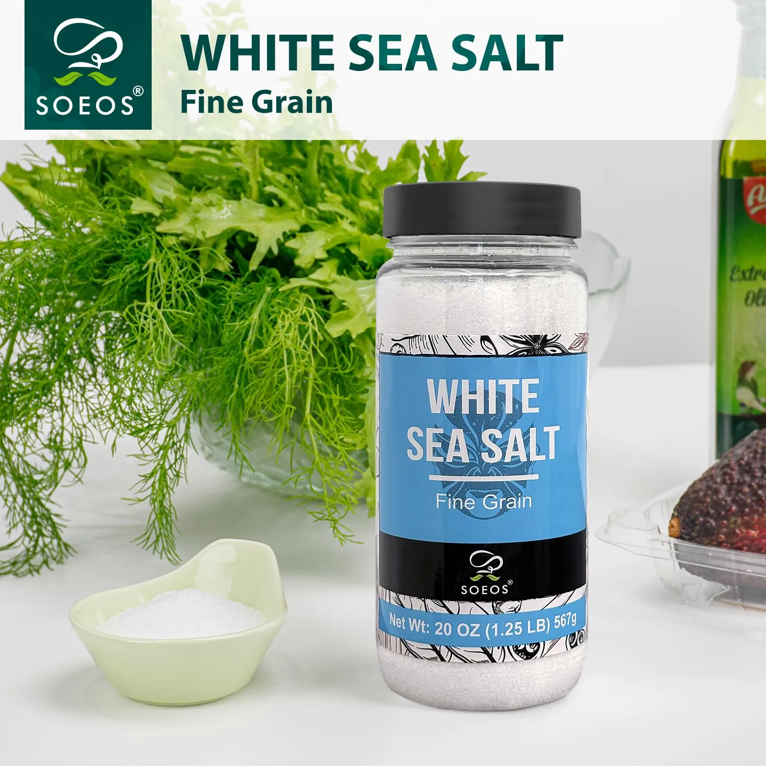 Soeos Sea Salt, Fine Grain, 20 Oz (1.25 Pound), Non-GMO, Nature Himalayan Kosher Salt, Sea Salt for Grinder Refill (Pack of 1)