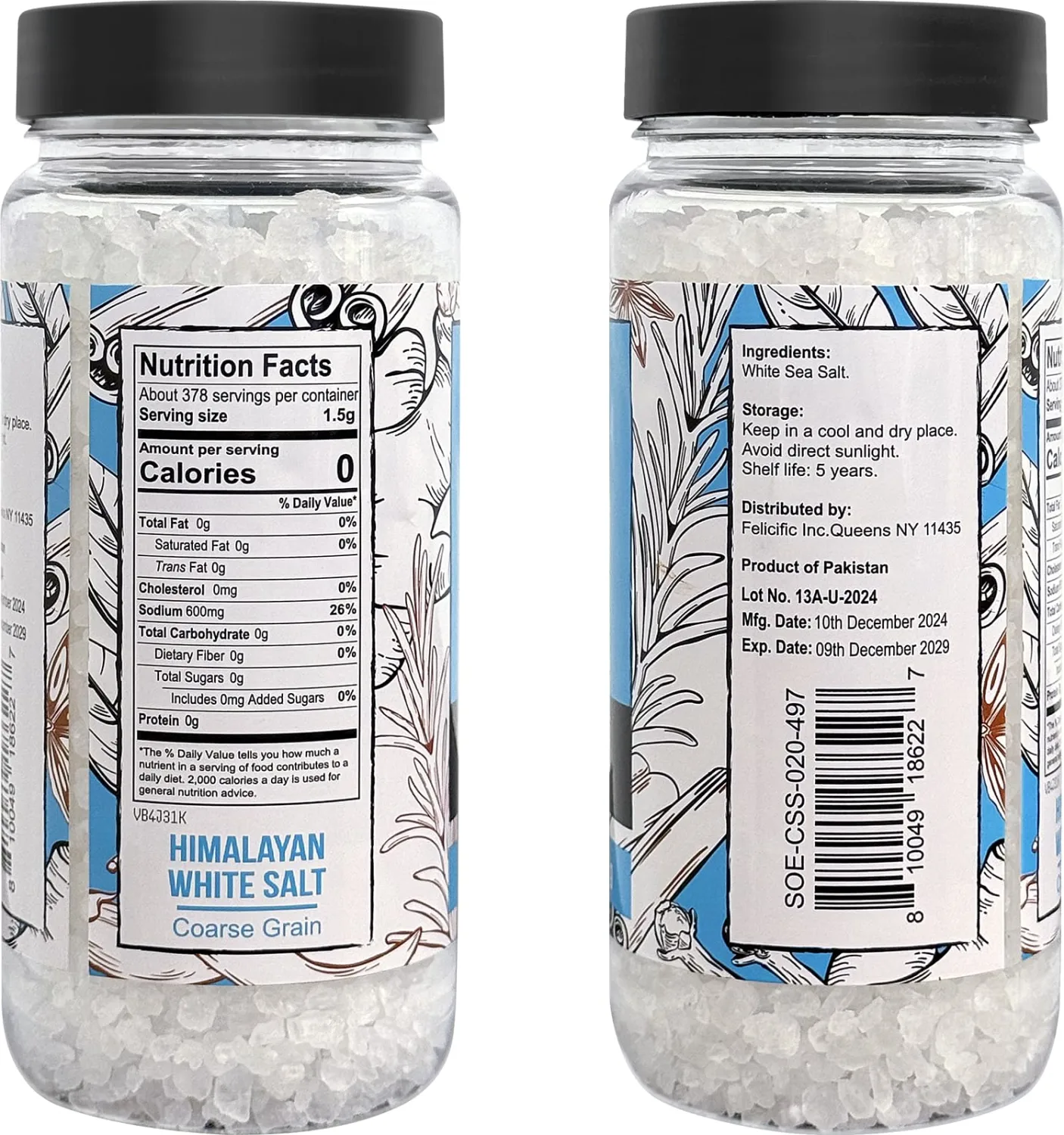 Soeos Sea Salt, Coarse Grain, 20 Oz (1.25 Pound), Non-GMO, Nature Himalayan Kosher Salt, Sea Salt for Grinder Refill (Pack of 1)