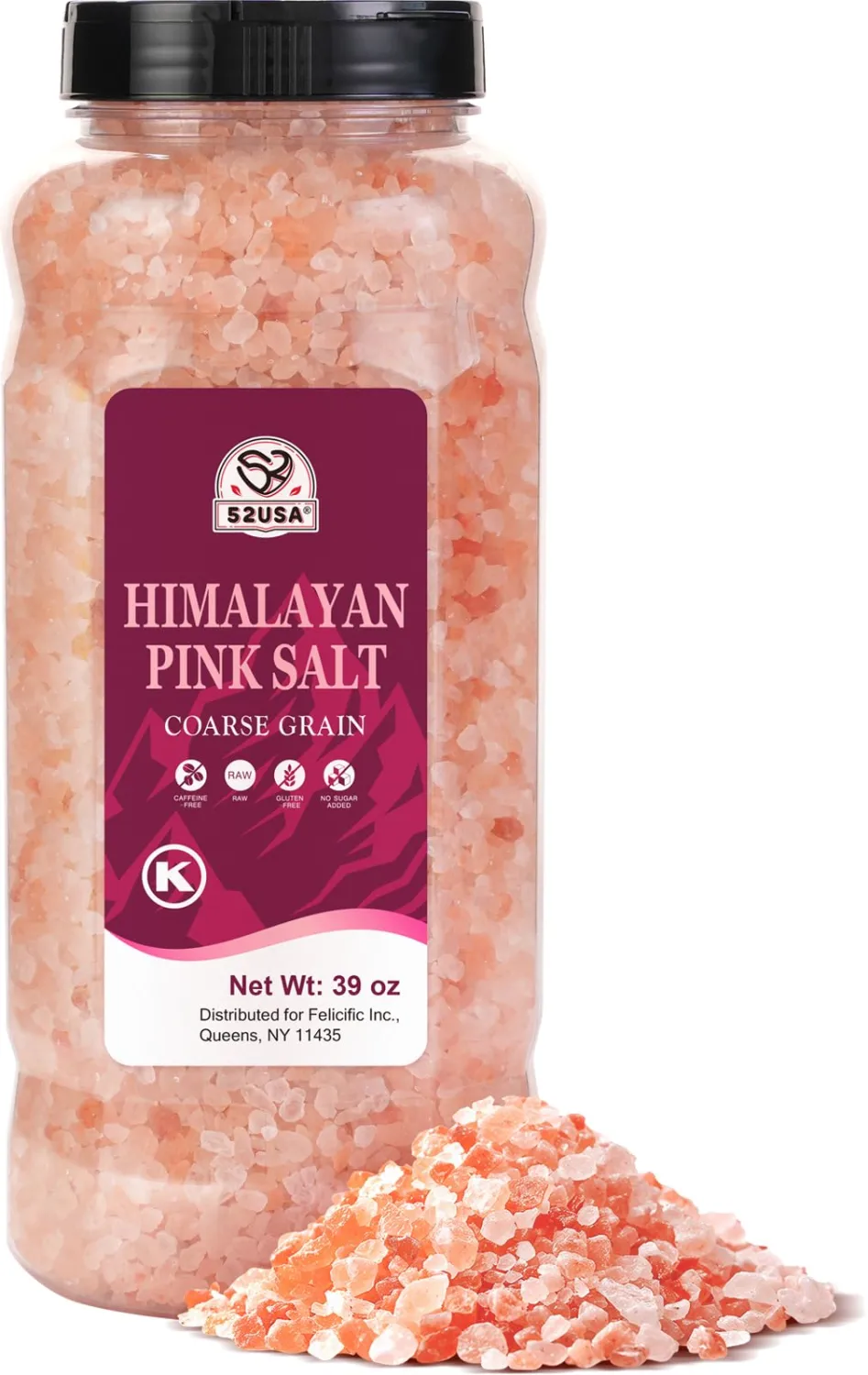 52USA Himalayan Pink Salt, Coarse Grain, 39 oz (2.4 LB), Pink Himalayan Sea Salt, Kosher Salt, Sea Salt for Grinder Refill, Himalayan Salt