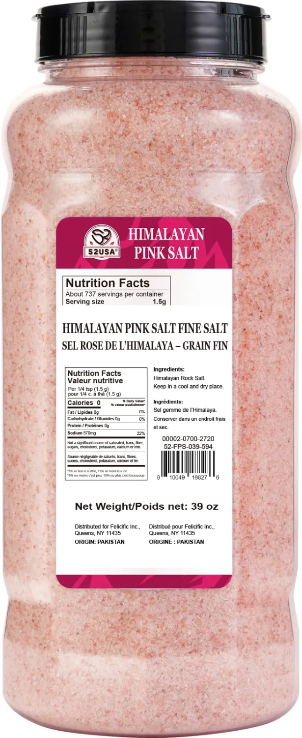 52USA Himalayan Pink Salt, Fine Grain, 39oz (2.4 LB), Pink Himalayan Sea Salt, Himalayan Salt, Kosher Salt, Rock Salt for Grinder Refill