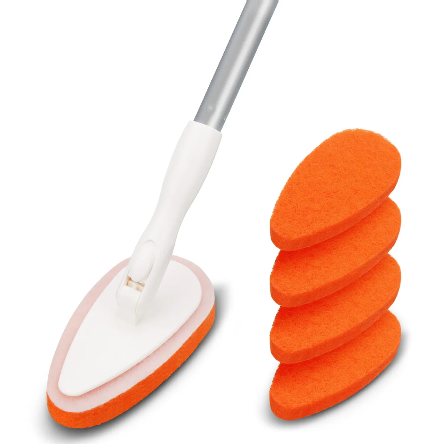 Qaestfy Bathtub Scrubber, Adjustable Long Handled Scrub Brush with 51 Inch Handle, 5 Non-Scratch Scouring Pads for Cleaning Tile Shower Bathroom Vessel Sinks Toilet Wall Floor