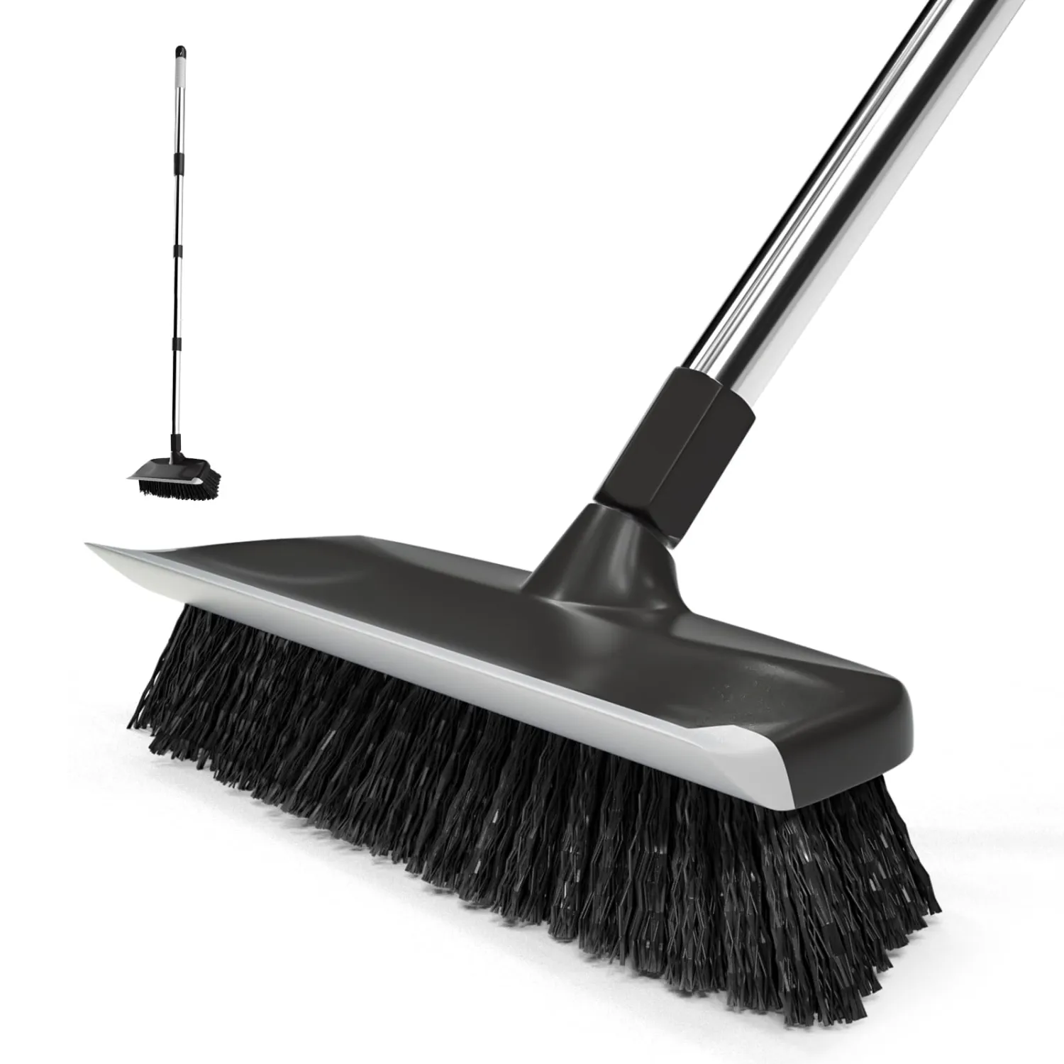 ITTAR Scrub Brush with Long Handle, 10" Wide Stiff Bristles Deck Brush, Heavy-Duty Floor Cleaning Brush, 2-in-1 Scrubber Squeegee Broom for Cleaning Patio, Pool, Kitchen, Garage, Bathroom Floor-Black