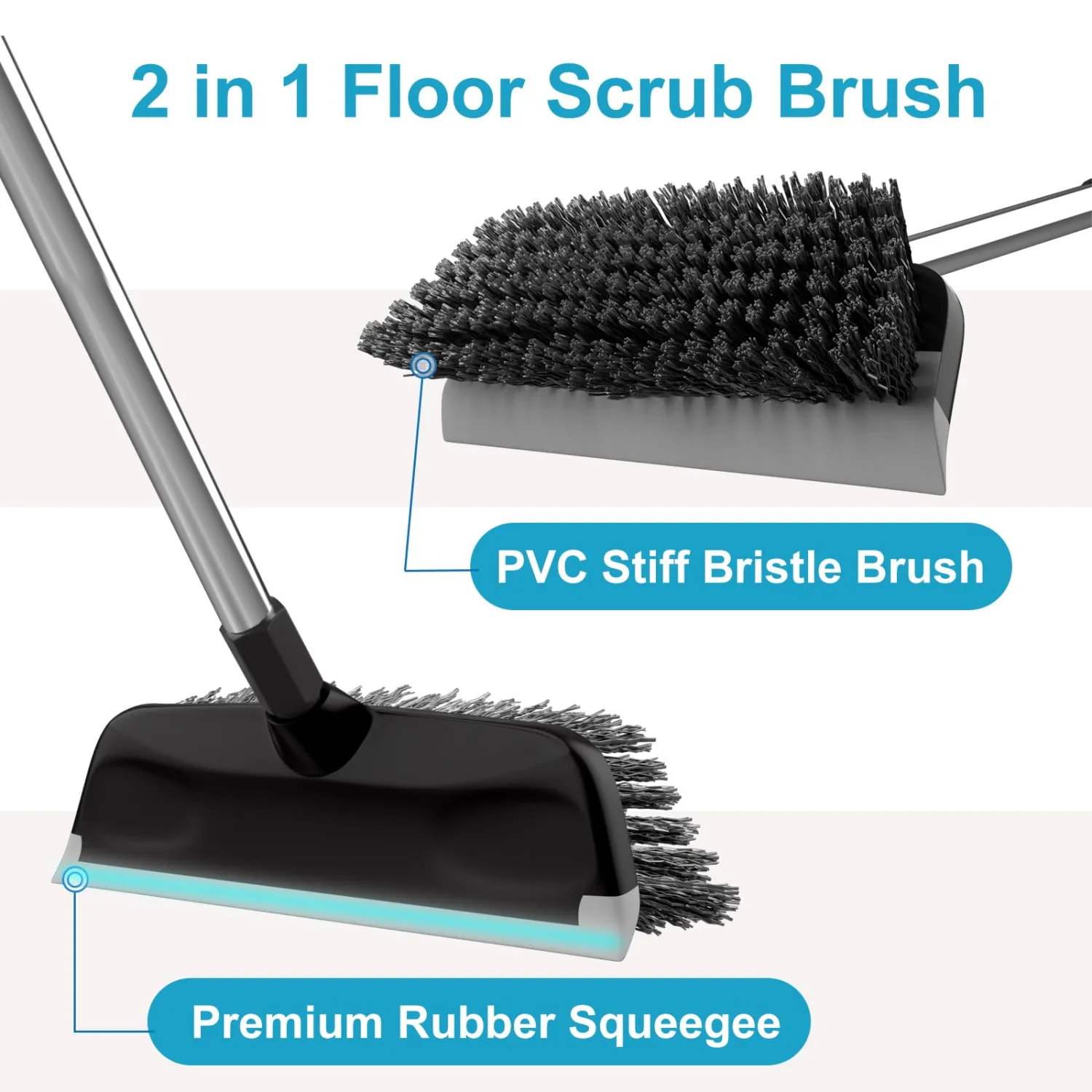 ITTAR Scrub Brush with Long Handle, 10" Wide Stiff Bristles Deck Brush, Heavy-Duty Floor Cleaning Brush, 2-in-1 Scrubber Squeegee Broom for Cleaning Patio, Pool, Kitchen, Garage, Bathroom Floor-Black