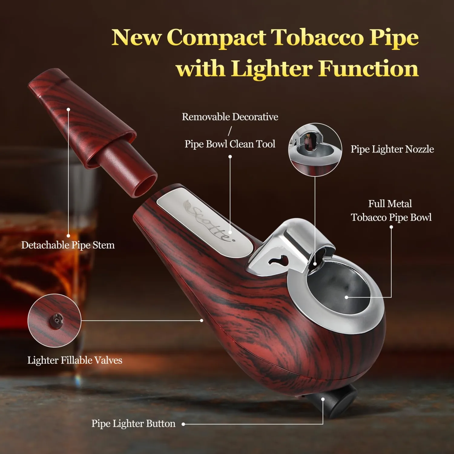 Scotte Portable Pipe, Mini Pipe with Refillable Pipe Lighter function, Include Pipe Filter Pipe Cleaner and Pipe Screen Multiple Pipe Accessories Tools for Smoking, Detachable Pipe Kit with Gift Box