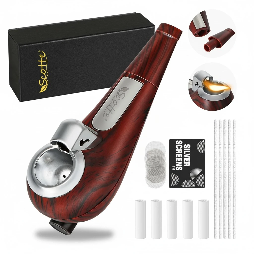 Scotte Portable Pipe, Mini Pipe with Refillable Pipe Lighter function, Include Pipe Filter Pipe Cleaner and Pipe Screen Multiple Pipe Accessories Tools for Smoking, Detachable Pipe Kit with Gift Box