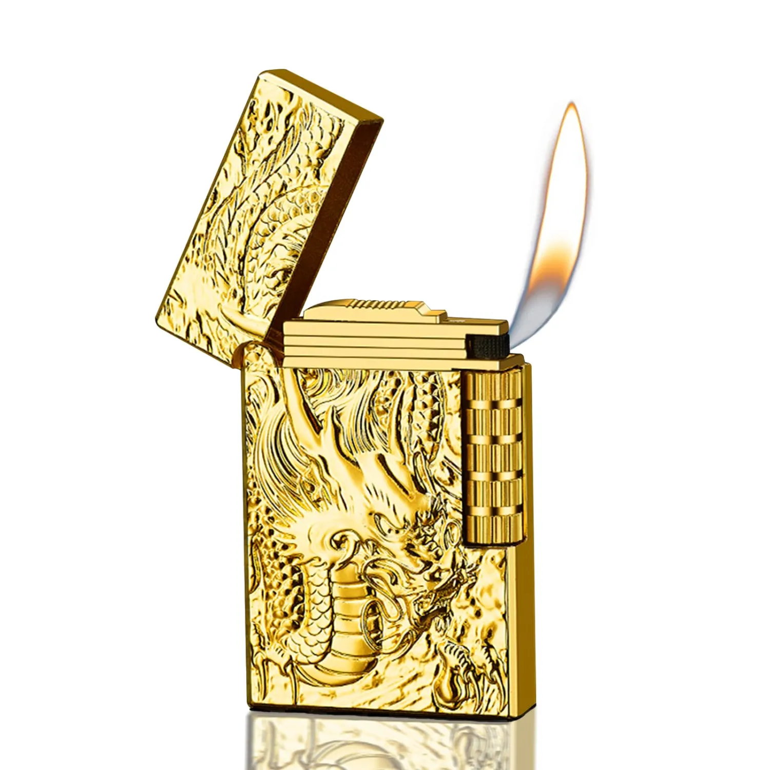 Dragon Relief Design, Side Wheel Frosted Lighter, refillable Butane, Soft Flame Lighter, flip, Outdoor, Camping, Men's Gift(Free of Butane Gas) (Dragon)