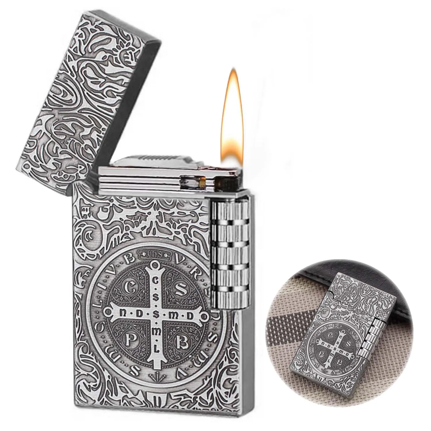 Dragon Relief Design, Side Wheel Frosted Lighter, refillable Butane, Soft Flame Lighter, flip, Outdoor, Camping, Men's Gift(Free of Butane Gas) E