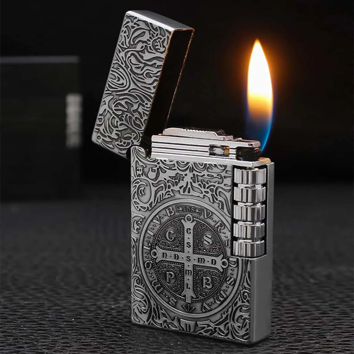 Dragon Relief Design, Side Wheel Frosted Lighter, refillable Butane, Soft Flame Lighter, flip, Outdoor, Camping, Men's Gift(Free of Butane Gas) E