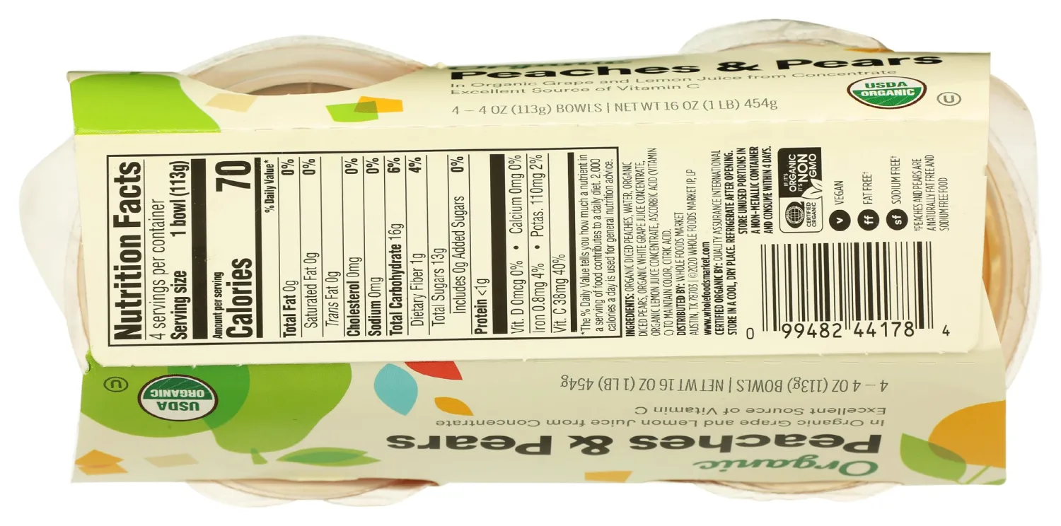 365 by Whole Foods Market, Organic Peaches & Pears Snack Cups, 4 Count