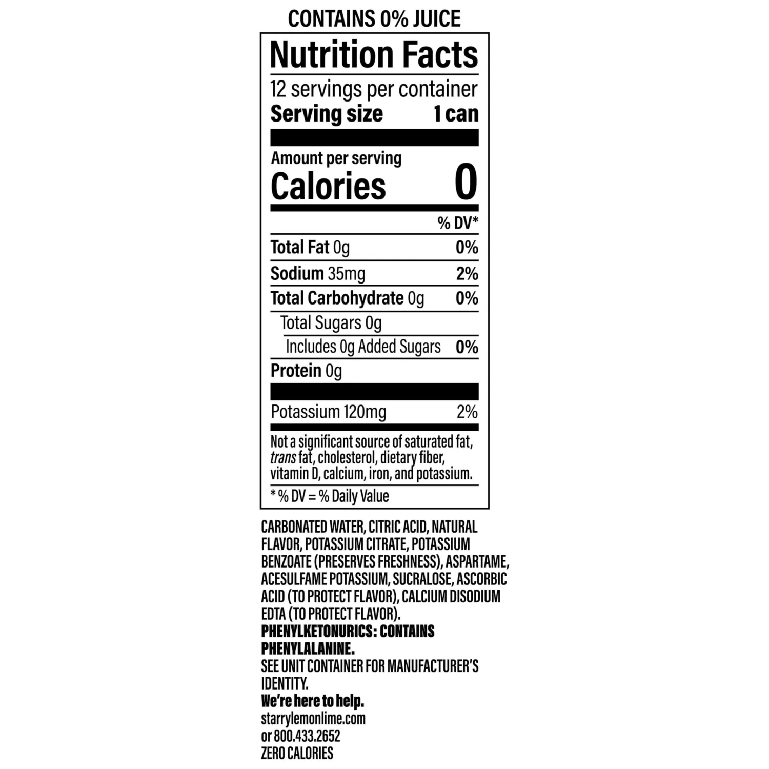 Starry Zero Sugar Lemon Lime Soda, 12 Fl Oz Cans (Pack of 12)