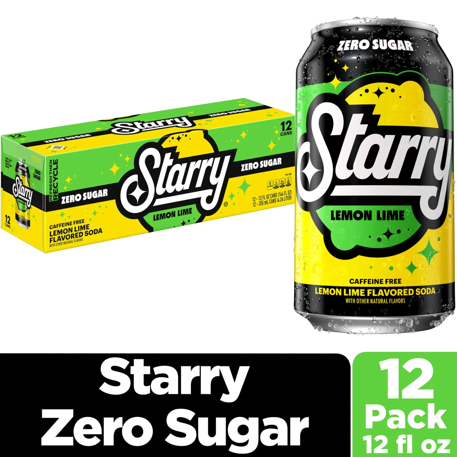 Starry Zero Sugar Lemon Lime Soda, 12 Fl Oz Cans (Pack of 12)