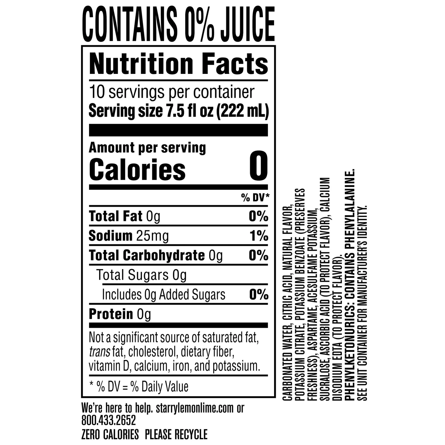 Starry Zero Sugar Lemon Lime Soda, Caffeine Free, Mini Cans, 7.5 Ounce (Two packs of 10)