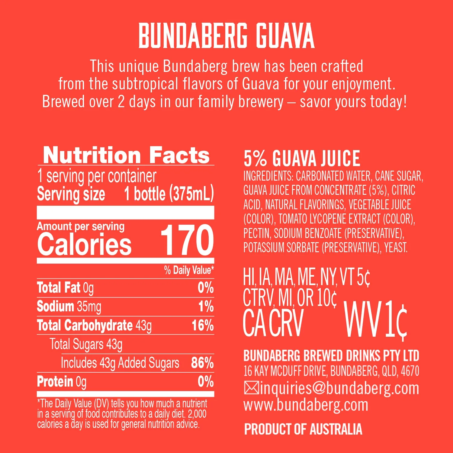 Bundaberg Sparkling Fruit Drink, Guava, 12.7 fl oz, 4 Count