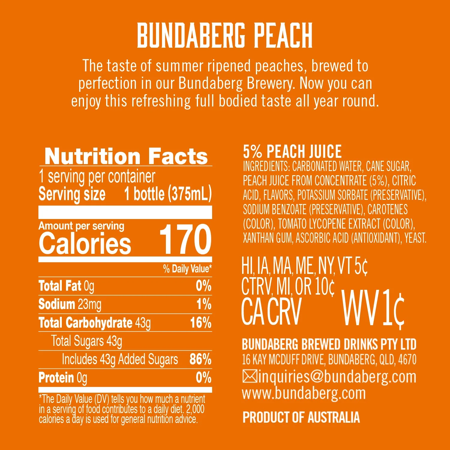 Bundaberg Sparkling Fruit Drink, Peach, 4-pk, 12.7 fl oz