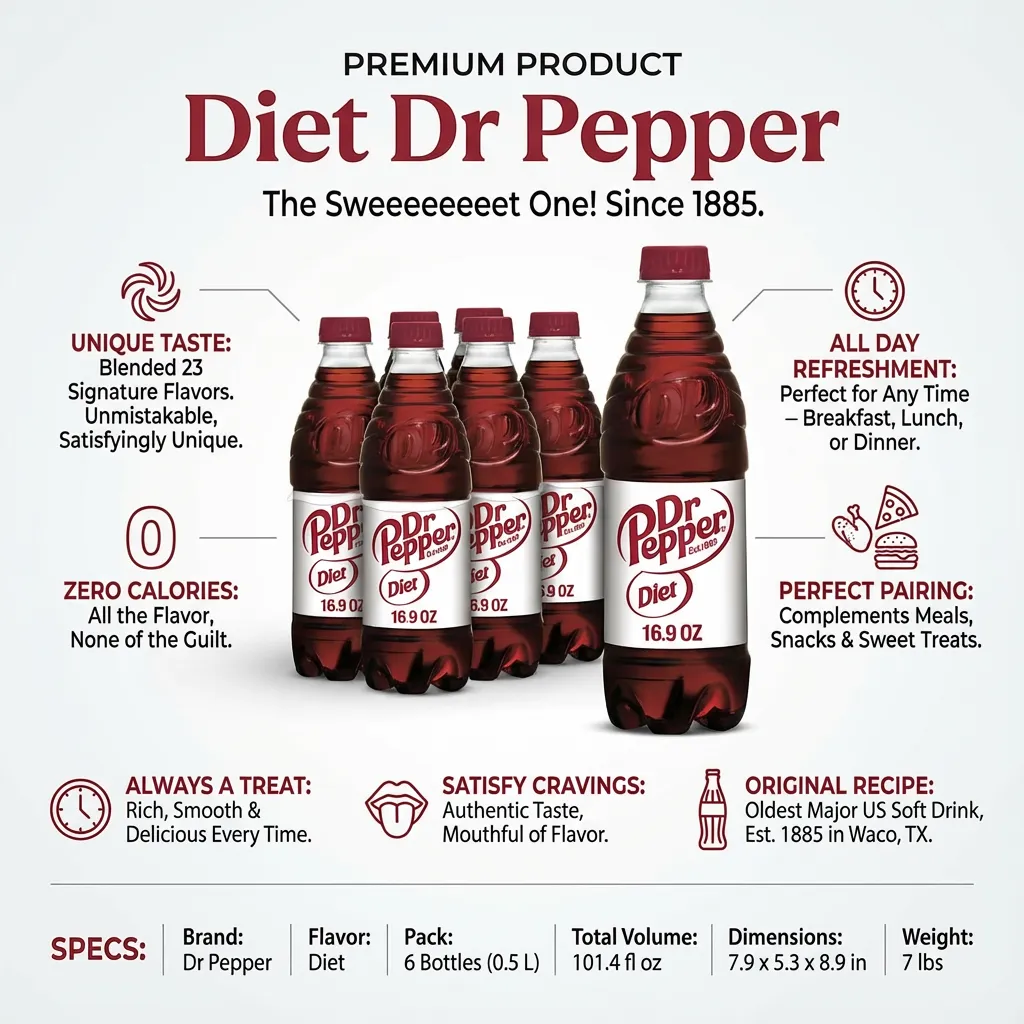 Diet Dr Pepper, .5 L bottles (Pack of 6)