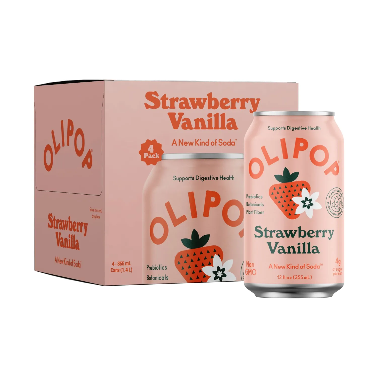 OLIPOP Prebiotic Soda Pop, Strawberry Vanilla, Prebiotics, Botanicals, Plant Fiber, 12 fl oz (4 Cans)
