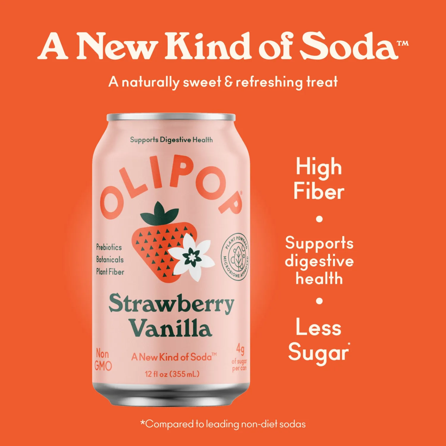 OLIPOP Prebiotic Soda Pop, Strawberry Vanilla, Prebiotics, Botanicals, Plant Fiber, 12 fl oz (4 Cans)