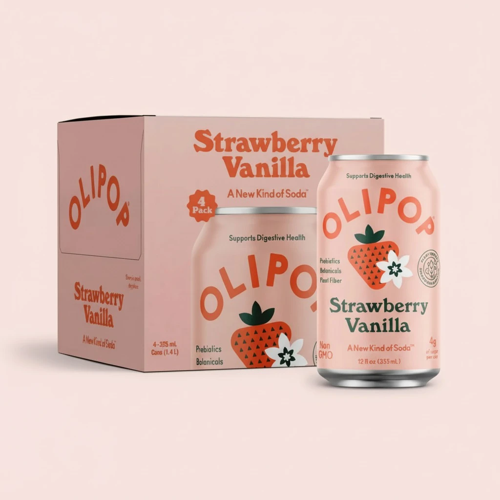 OLIPOP Prebiotic Soda Pop, Strawberry Vanilla, Prebiotics, Botanicals, Plant Fiber, 12 fl oz (4 Cans)