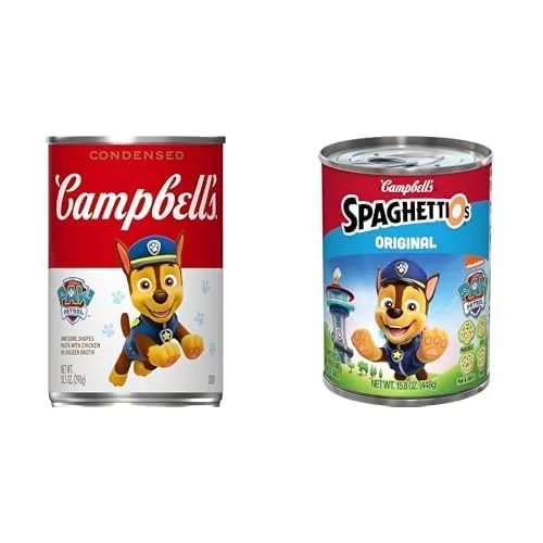 Bundle of Campbell's Kids Soup, PAW Patrol, Puppy-shaped pasta in chicken soup, 10.5 Ounce Can + SpaghettiOs Original Canned Pasta With Paw Patrol Shapes, 15.8 oz Can