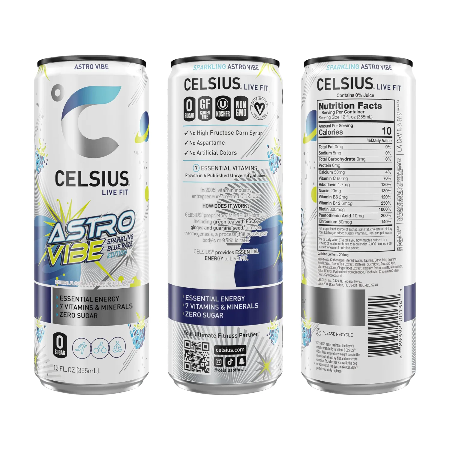 CELSIUS ASTRO VIBE Sparkling Blue Razz, Sugar Free Energy Drink, 12 Fl Oz (Pack of 12)