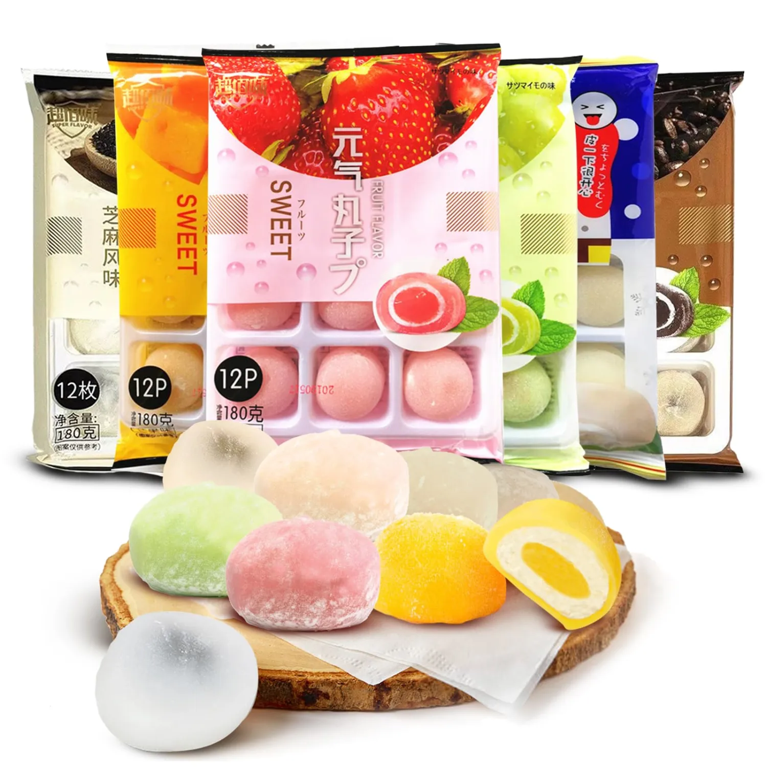 Japanese Mochi 38 oz(6 Pack) 6 Flavors Mix Dango Rice Cake Daifuku Candy Bits Nuggets Snack Asian Delicious Unburdened Dessert for Kids through Adult