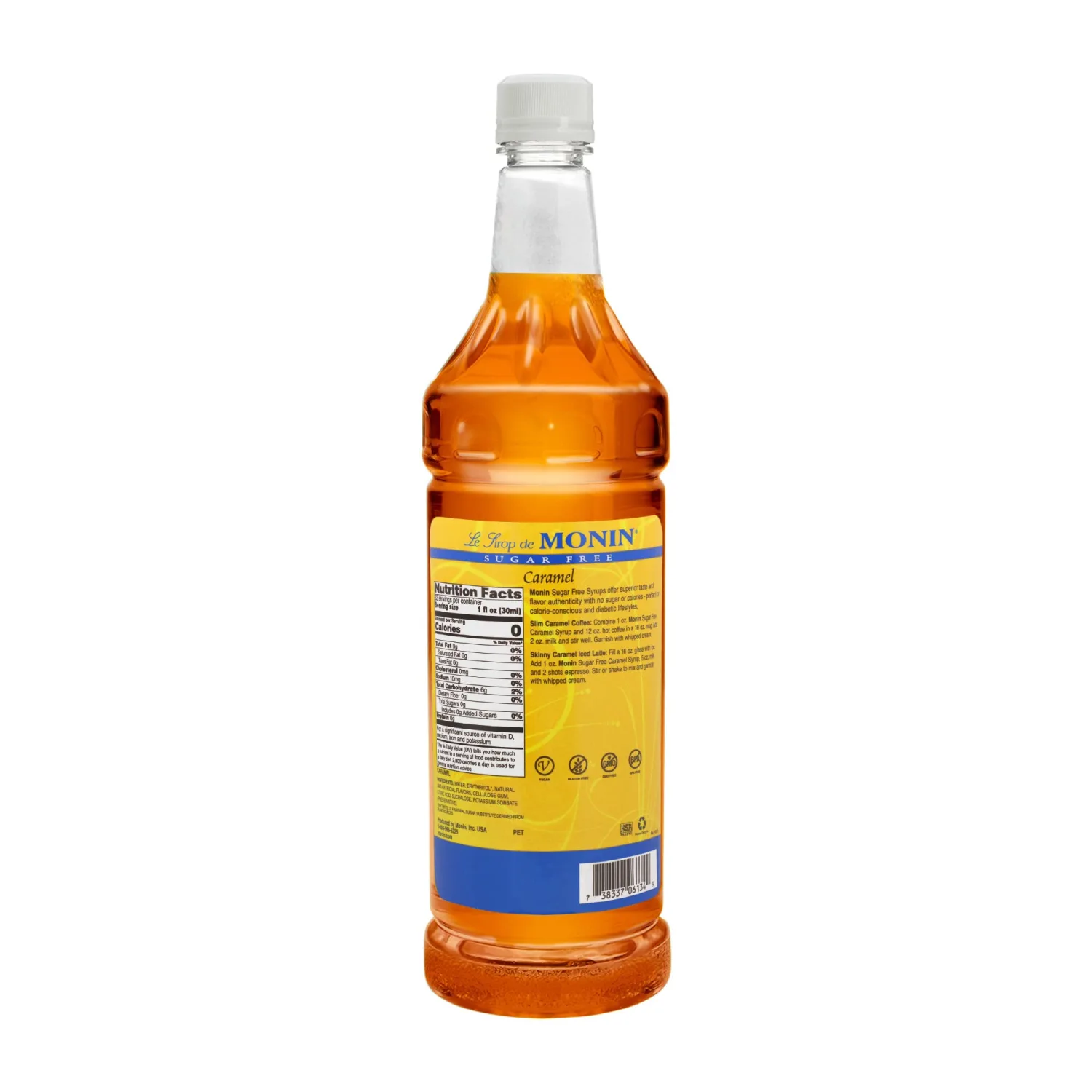 Monin - Sugar Free Caramel Syrup, Mild and Sweet, Great for Coffee and Desserts, Gluten-Free, Non-GMO (1 Liter)